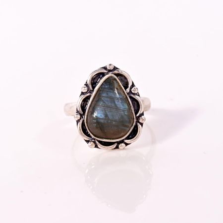 Handmade Silver Plated Ring with Pear Shaped Labradorite Gemstone for Women